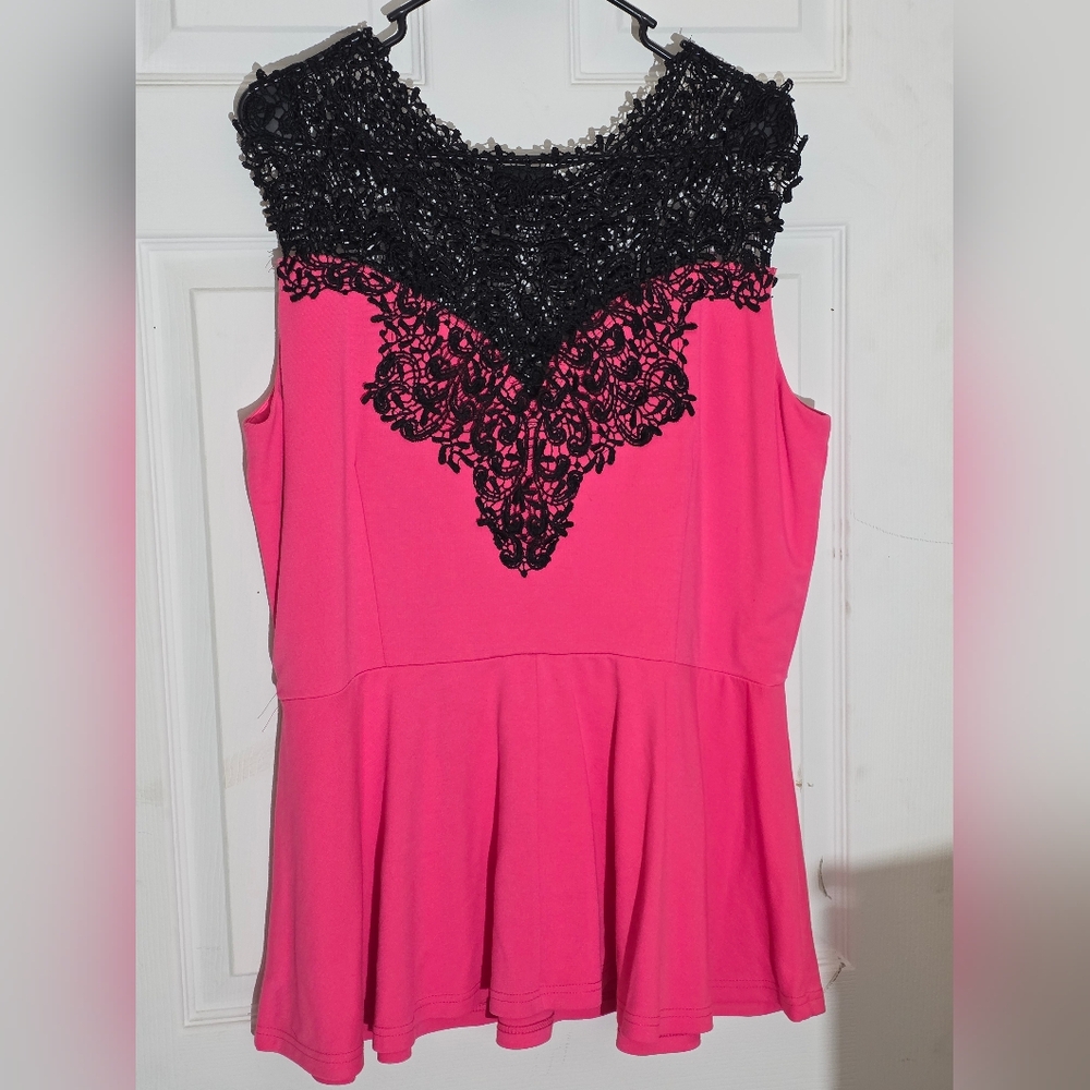 08 - City Chic M(18)  Pink and Black Lace peplum Top